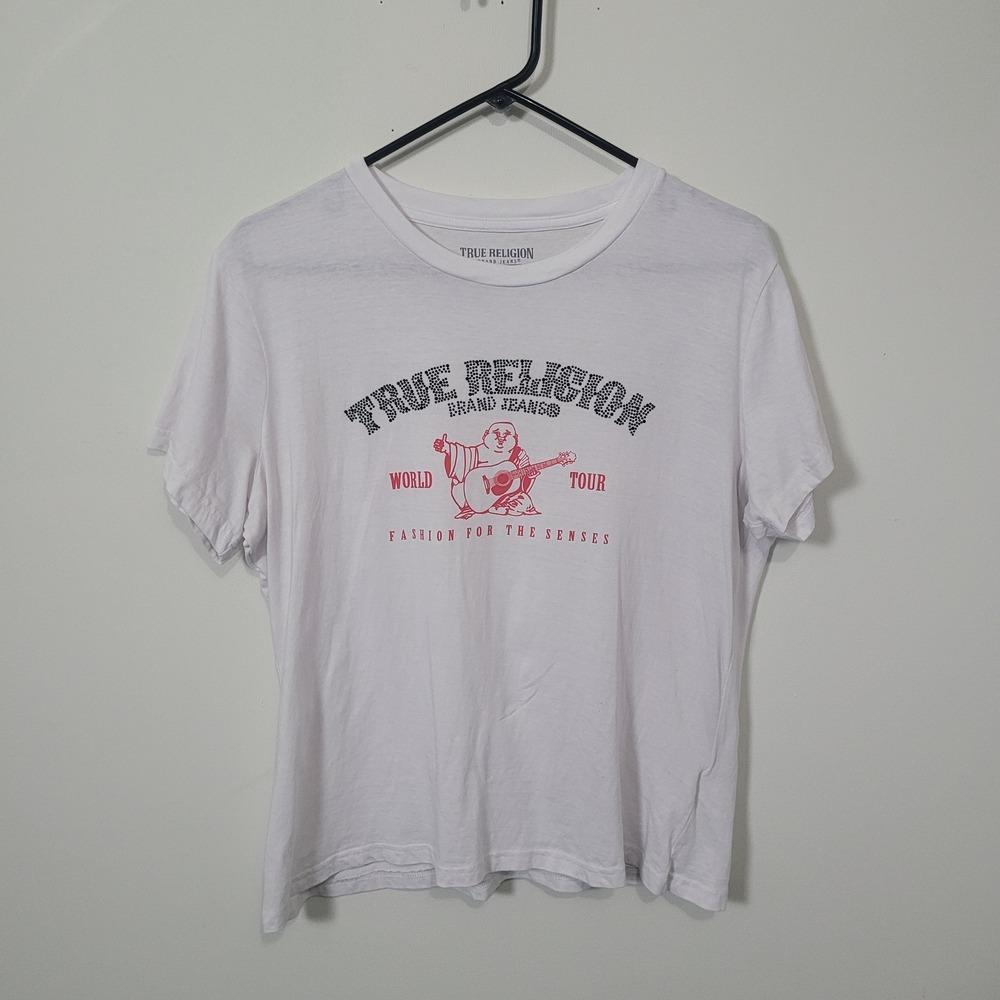True Religion Size XL T-Shirt Mens White Crystal Arch Logo Buddha Slim Crew